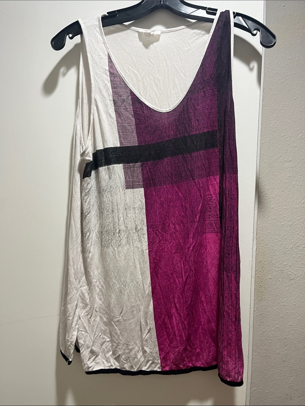 Helmut Lang White and Magenta Colorblock Scoop Tank with Black Stripe